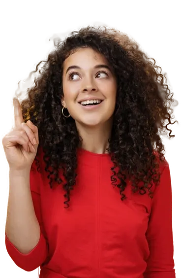  A woman with curly hair is indicating towards to her left, highlighting the top domain TLD offered by Turbify